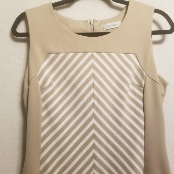 Calvin Klein 10 Dress Knee Length Sleeveless Striped Sheath Beige & White Career - Picture 3 of 8
